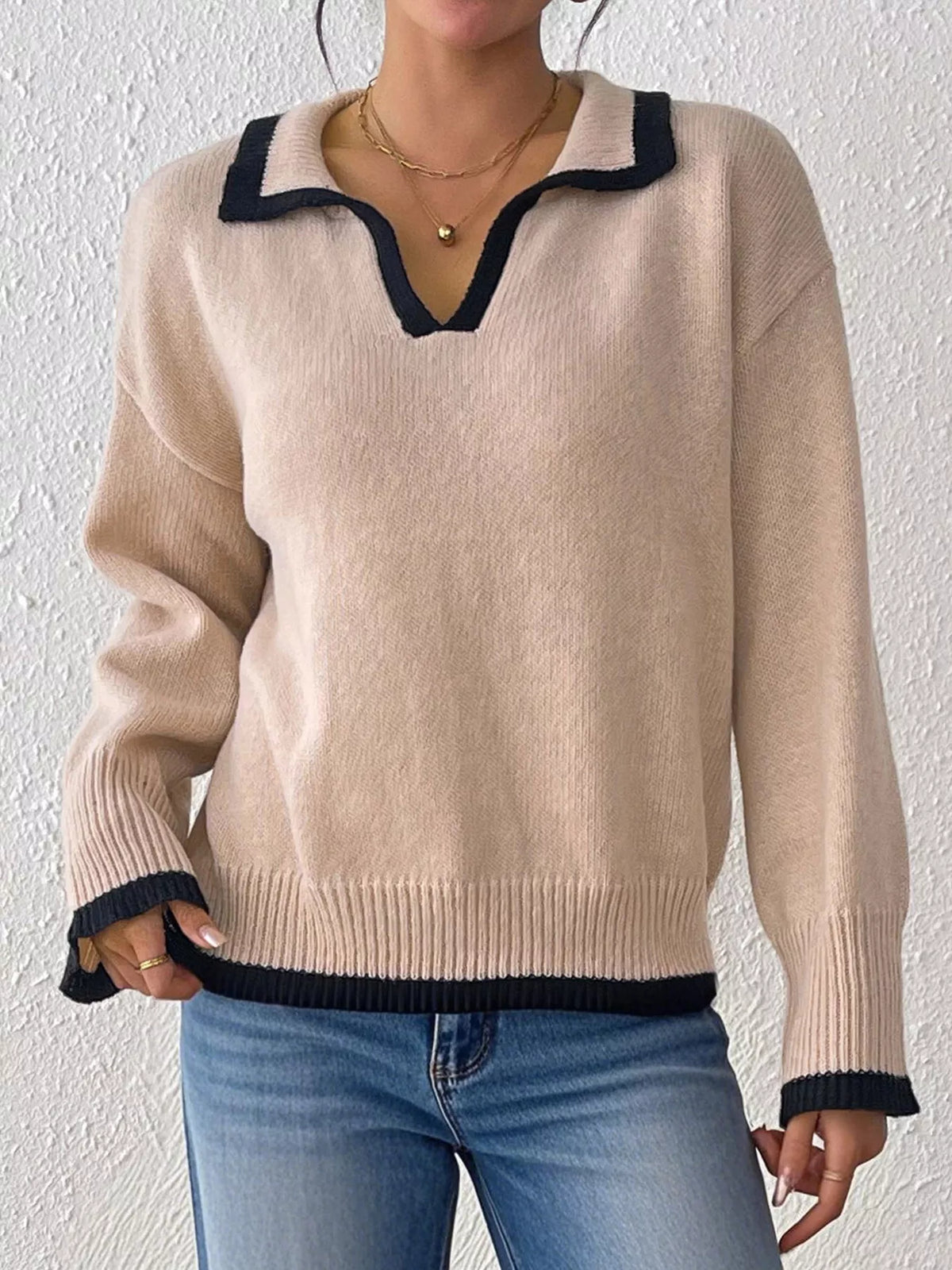 Contrast Trim Polo Collar Sweater