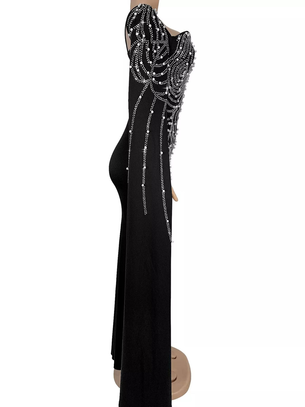 Rhinestone Pearl Detail One-Shoulder Mermaid Maxi Dress