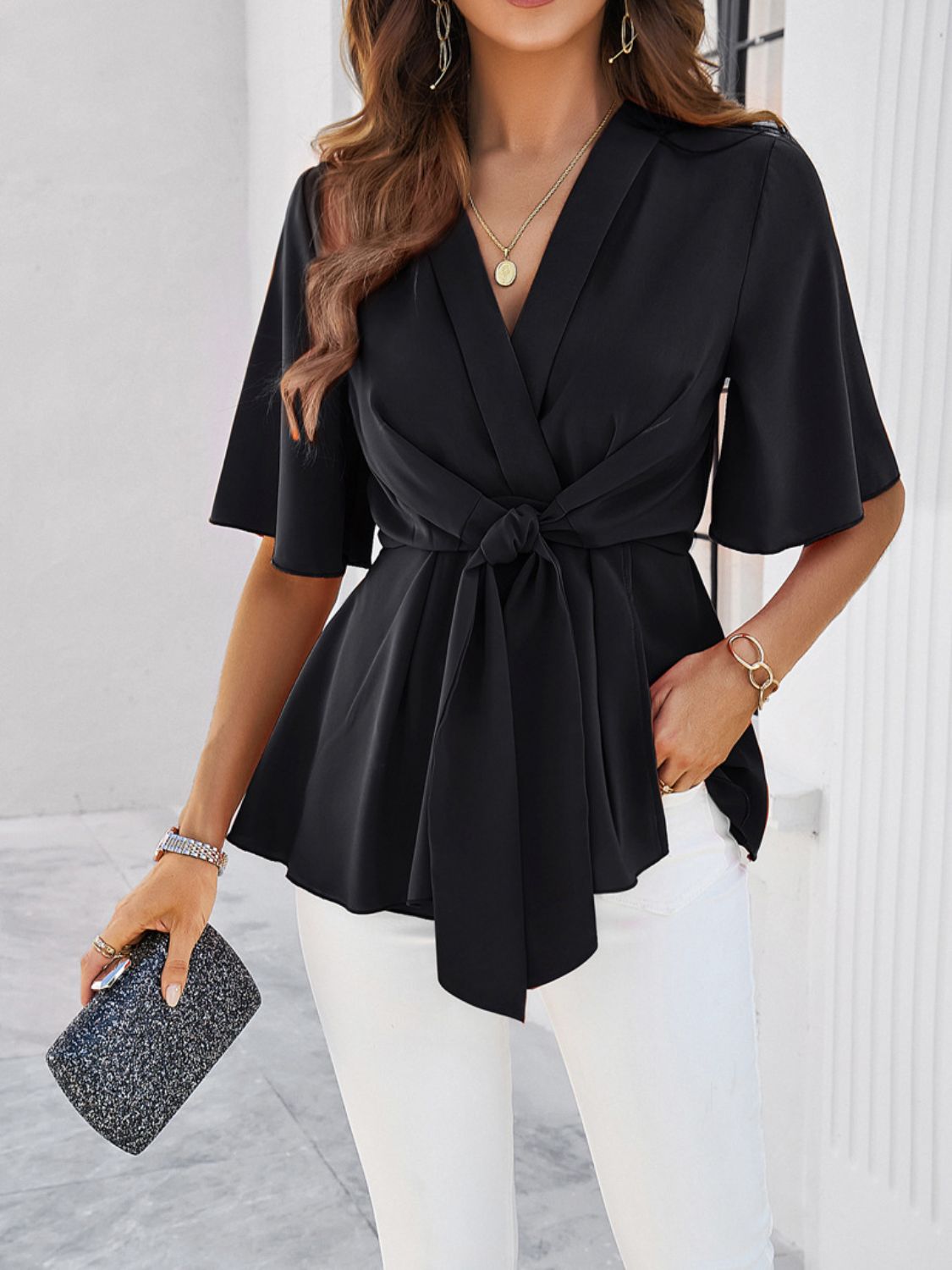 Tied Front Peplum Blouse