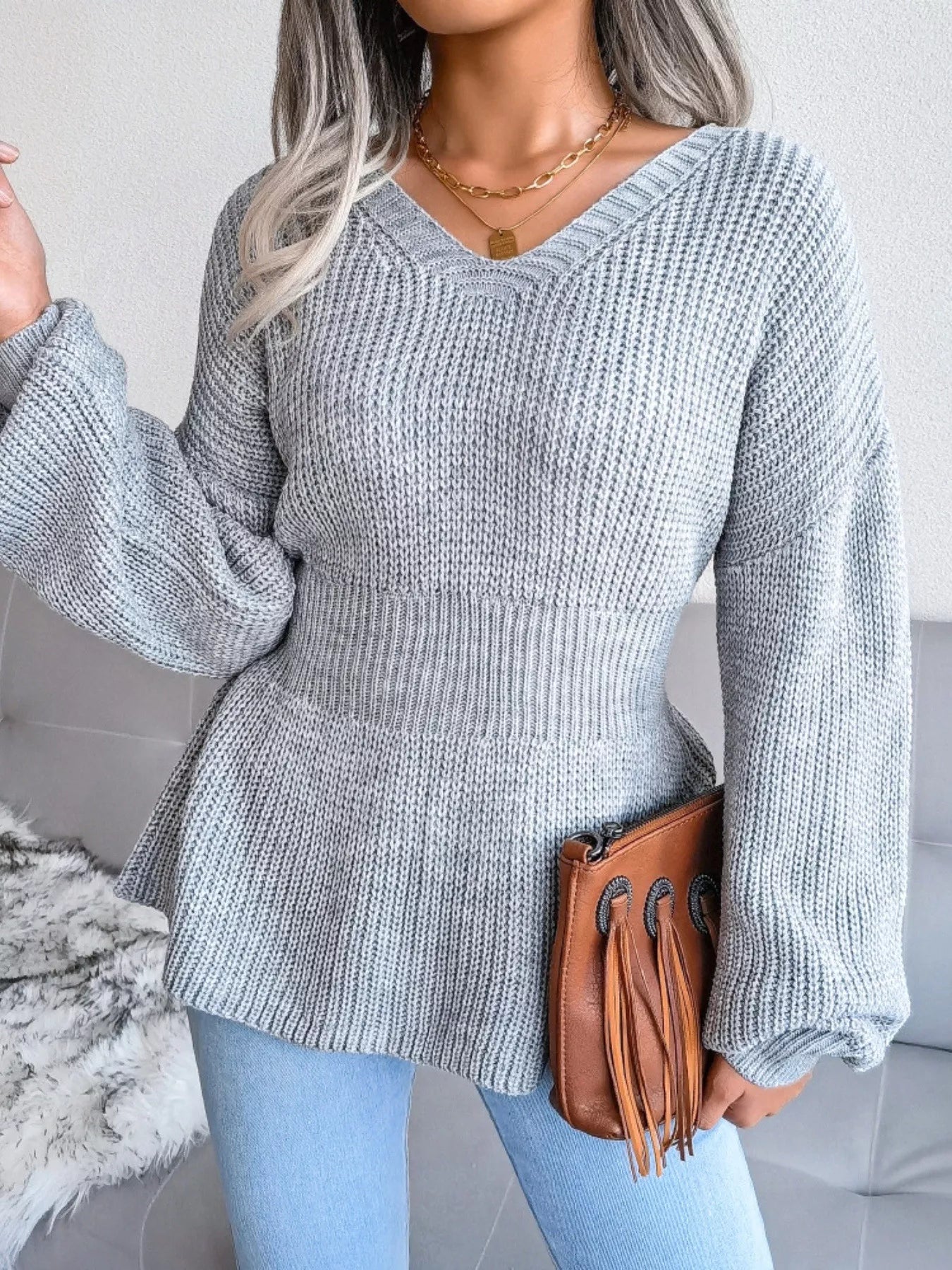 V-Neck Dropped Shoulder Sweater