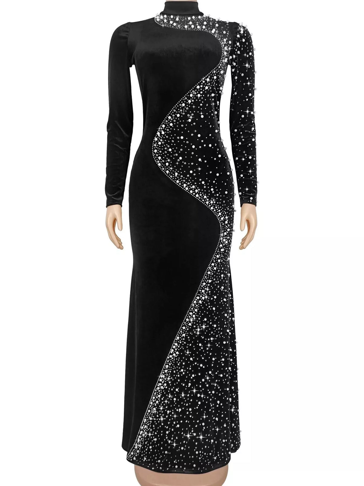 Rhinestone Velvet Mermaid Evening Maxi Dress