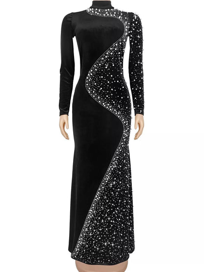 Rhinestone Velvet Mermaid Evening Maxi Dress
