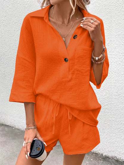 Button Detail Top and Shorts Set