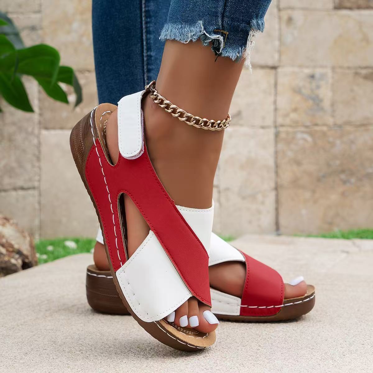 Crisscross wedge sandals in red and white