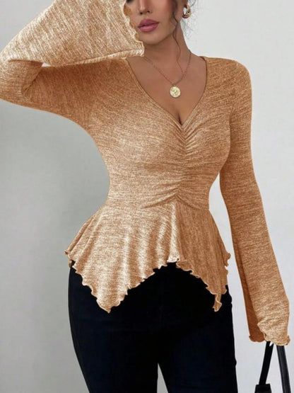 Ruched Flared Sleeves Peplum Top