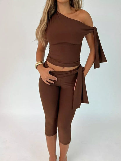 Tied One Shoulder Top and Capris Set