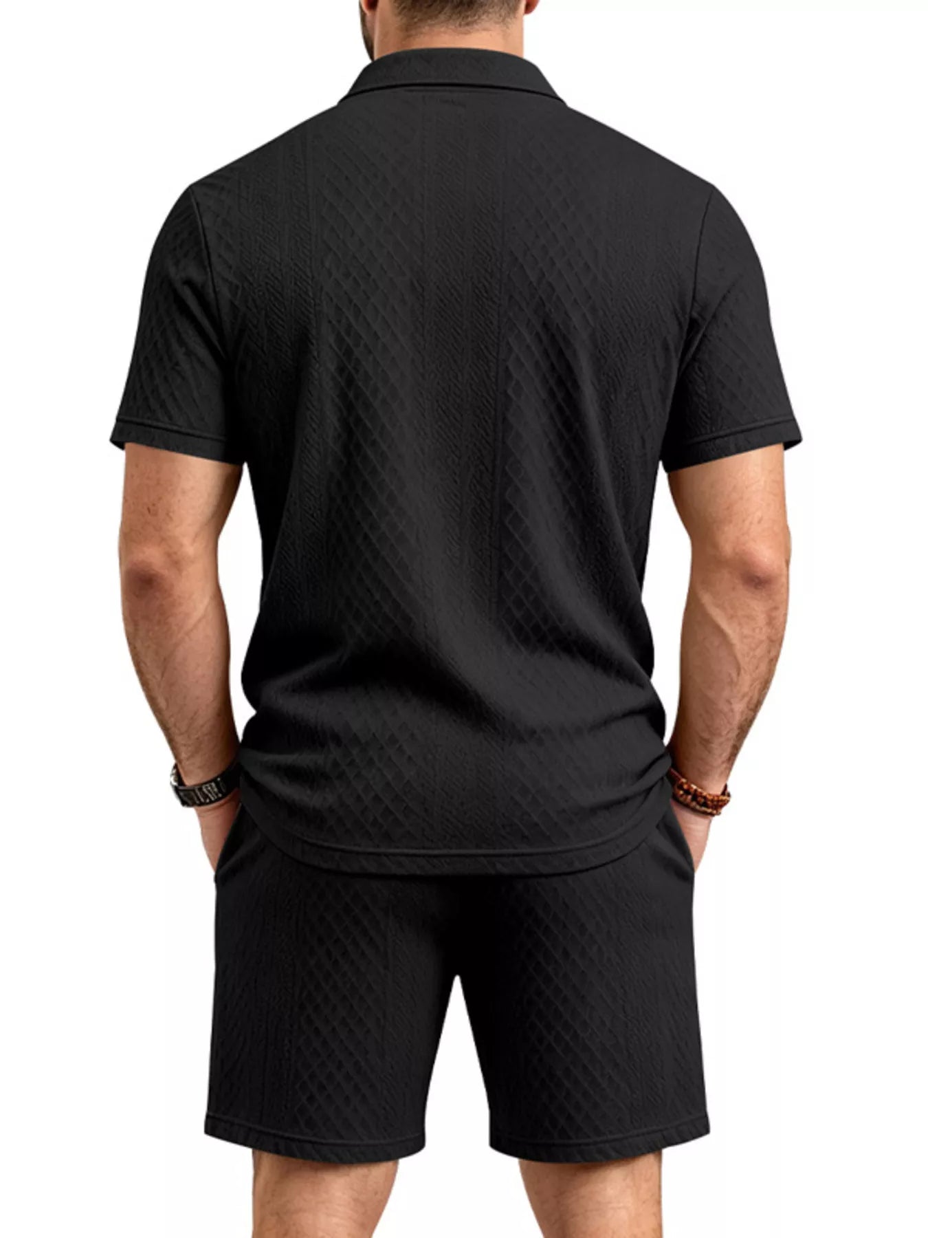 Men's Full Size Textured Short Sleeve Polo and Shorts Set Plus Size