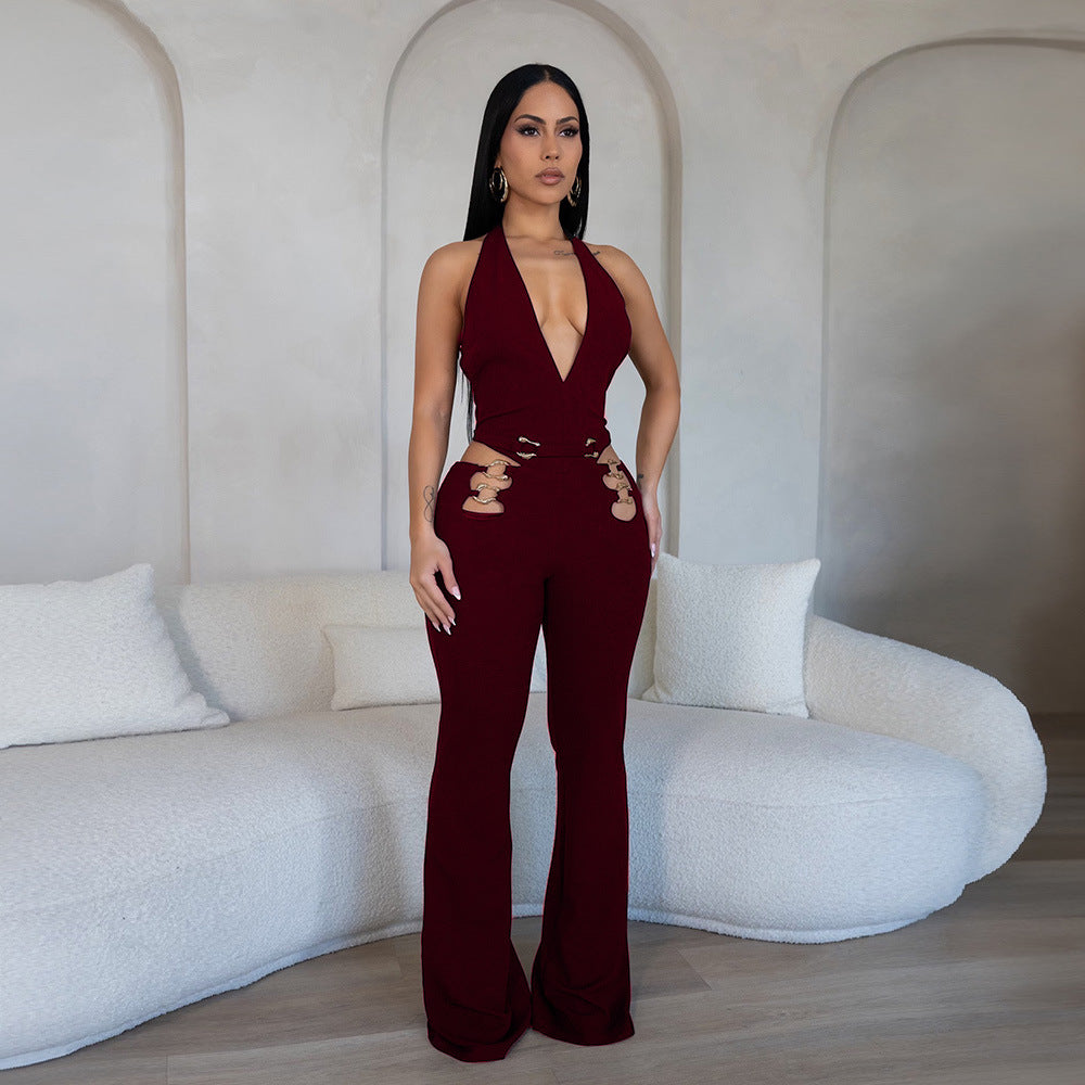 Deep V Hollow One-Piece Pants