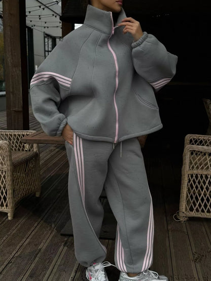 Contrast Striped Zip Up Top and Pants Set