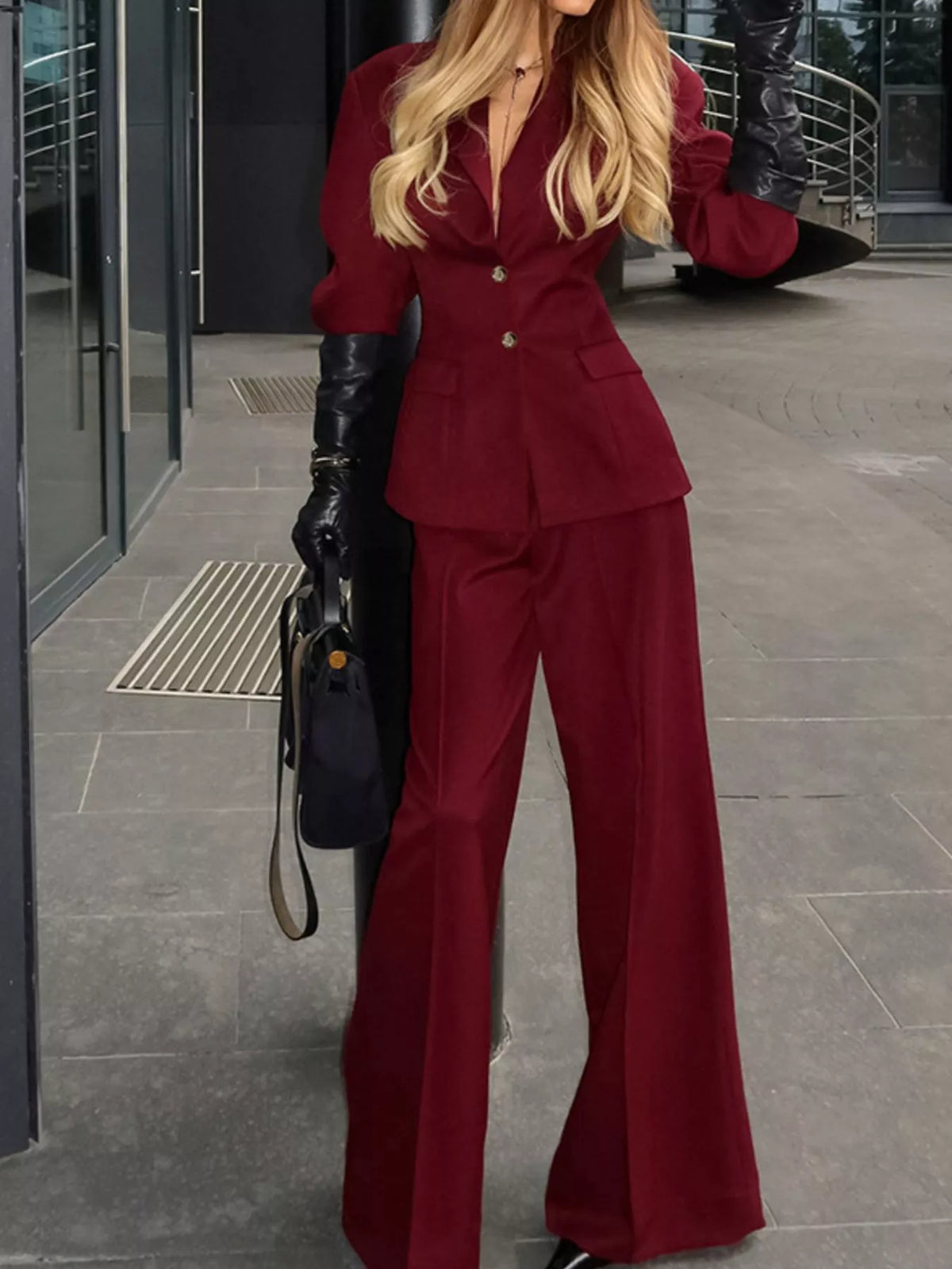 Lapel Collar Blazer and Wide-Leg Pants Set