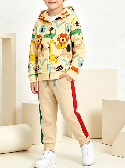Kid's Cartoon Print Zip-Up Hoodie & Pants Set