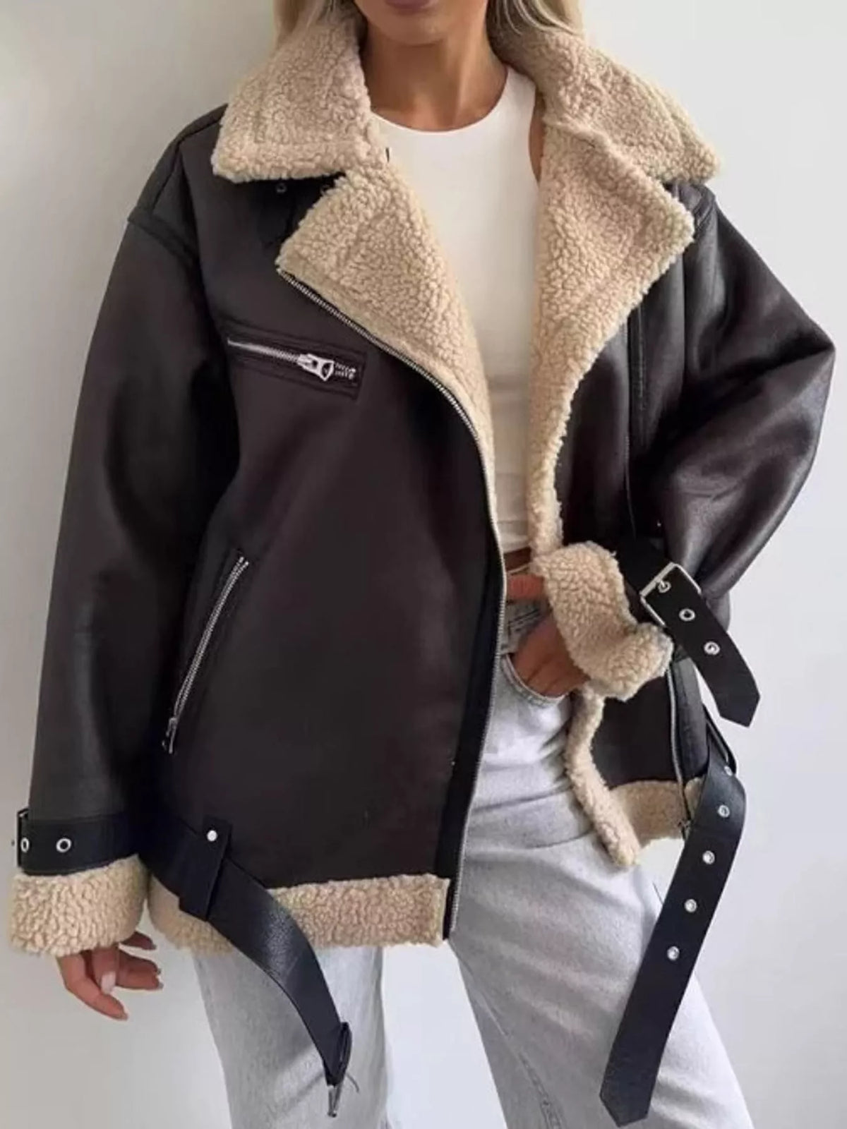Dark brown faux leather jacket, view 4