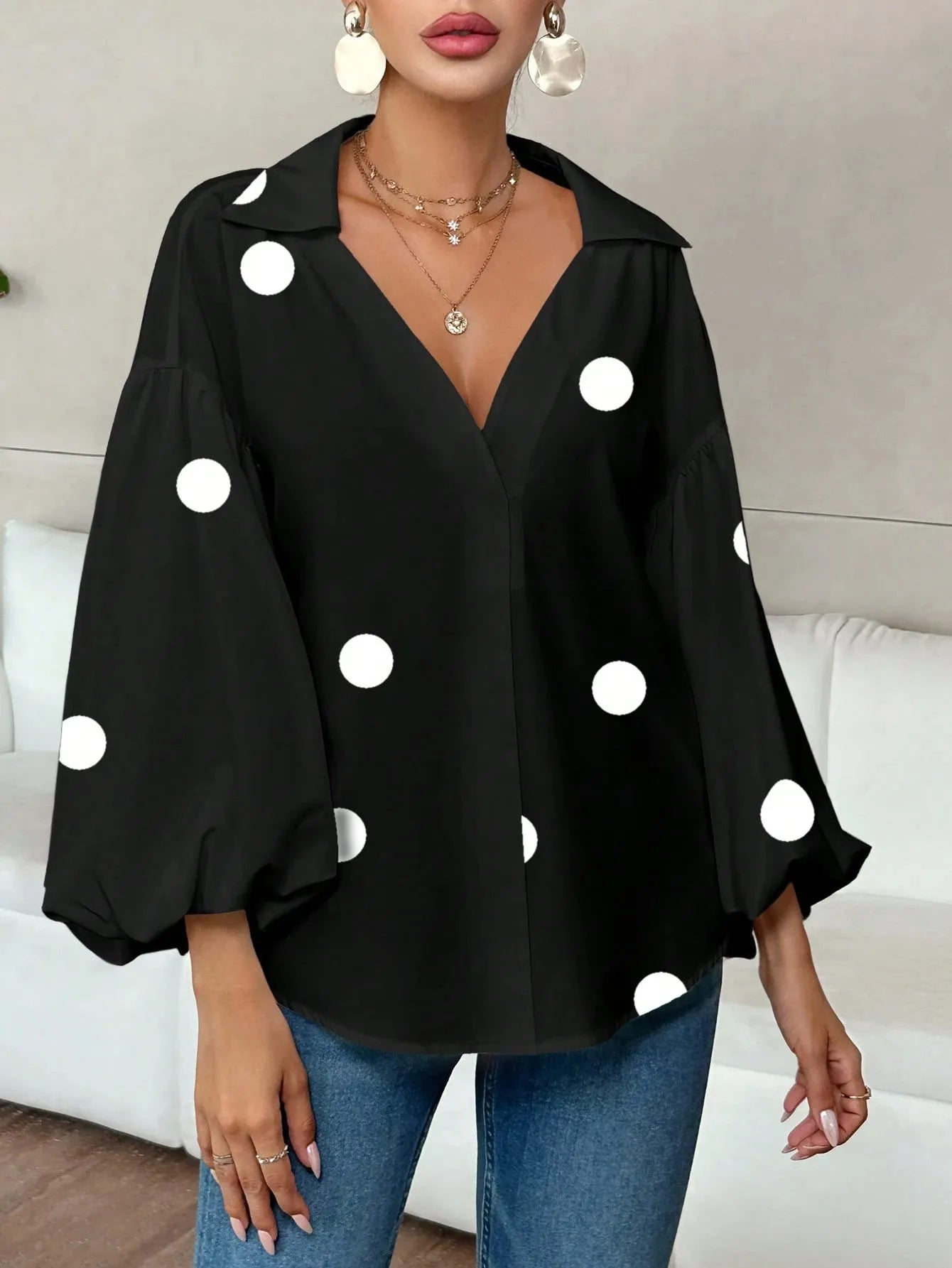 Polka Dot Balloon Sleeve Blouse