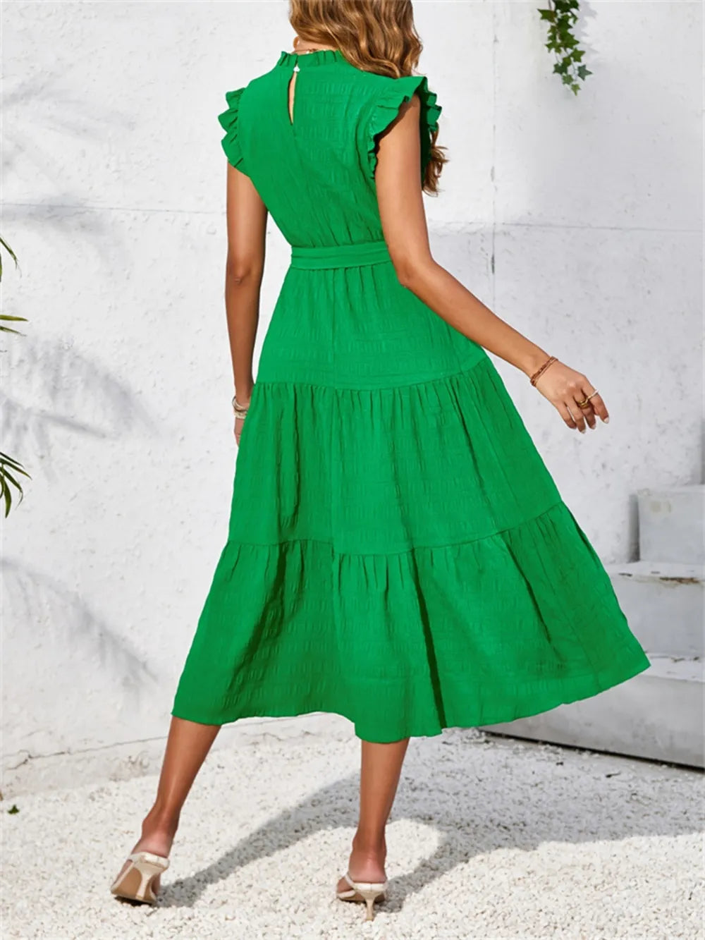 Ruffled Cap Sleeve Midi Mock Dress