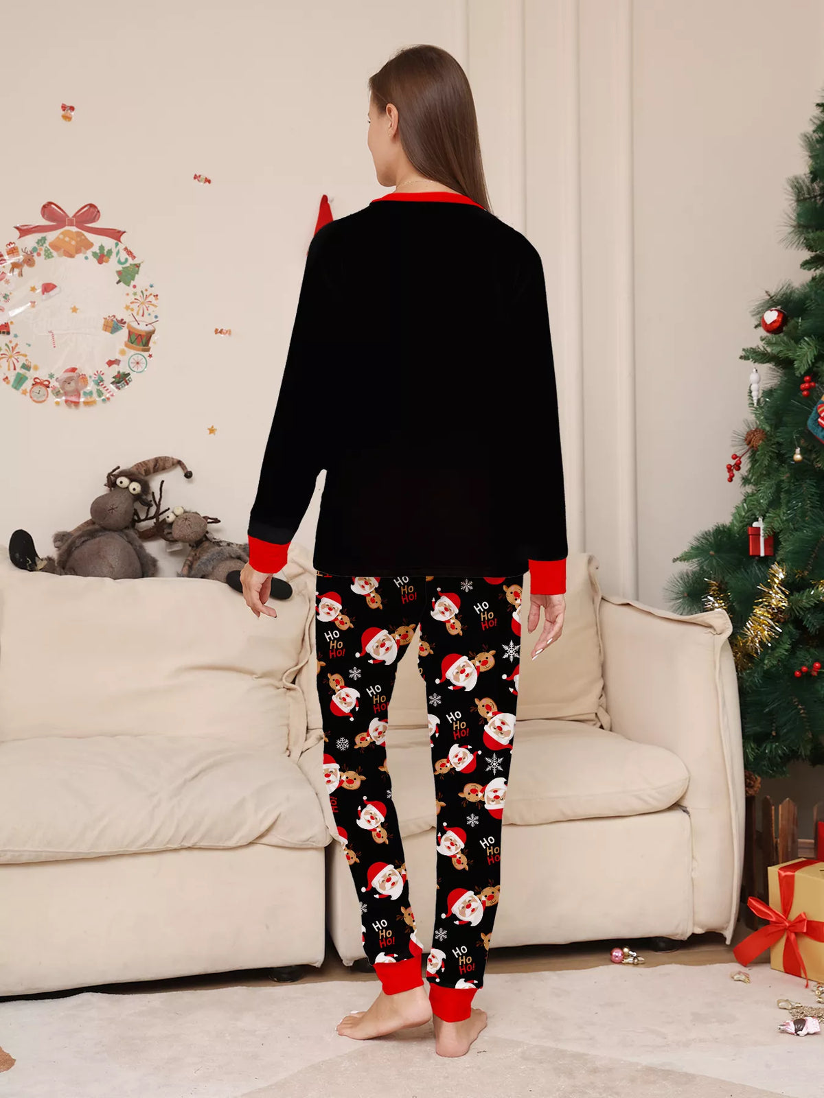 Full Size Matching Family Christmas Pajamas Set with Santa and Reindeer Print Plus Size