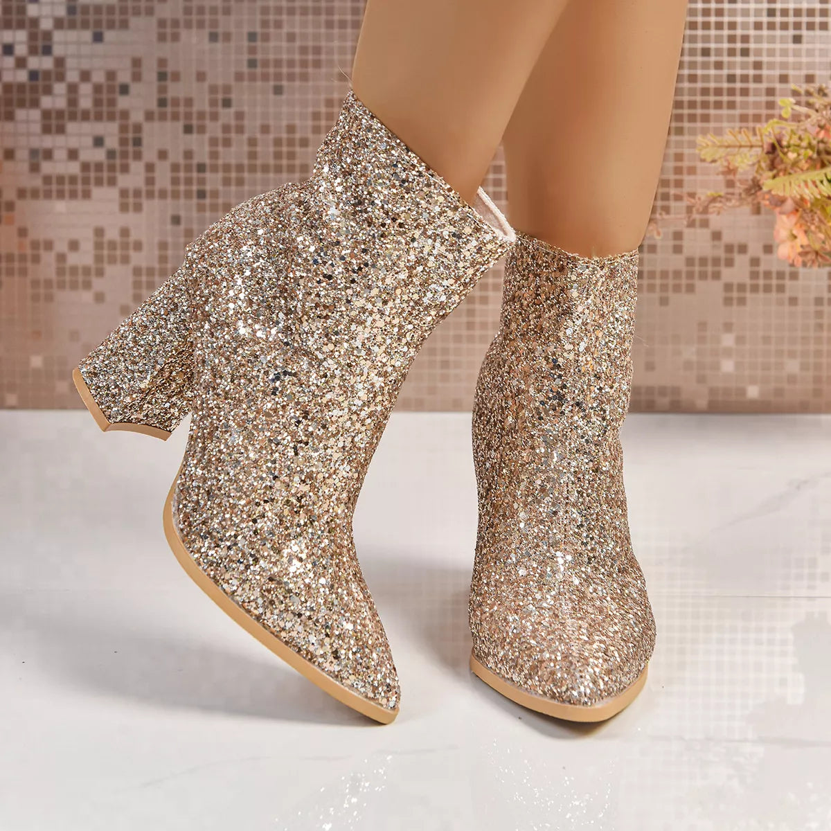 Sequin Point Toe Block Heels Boots