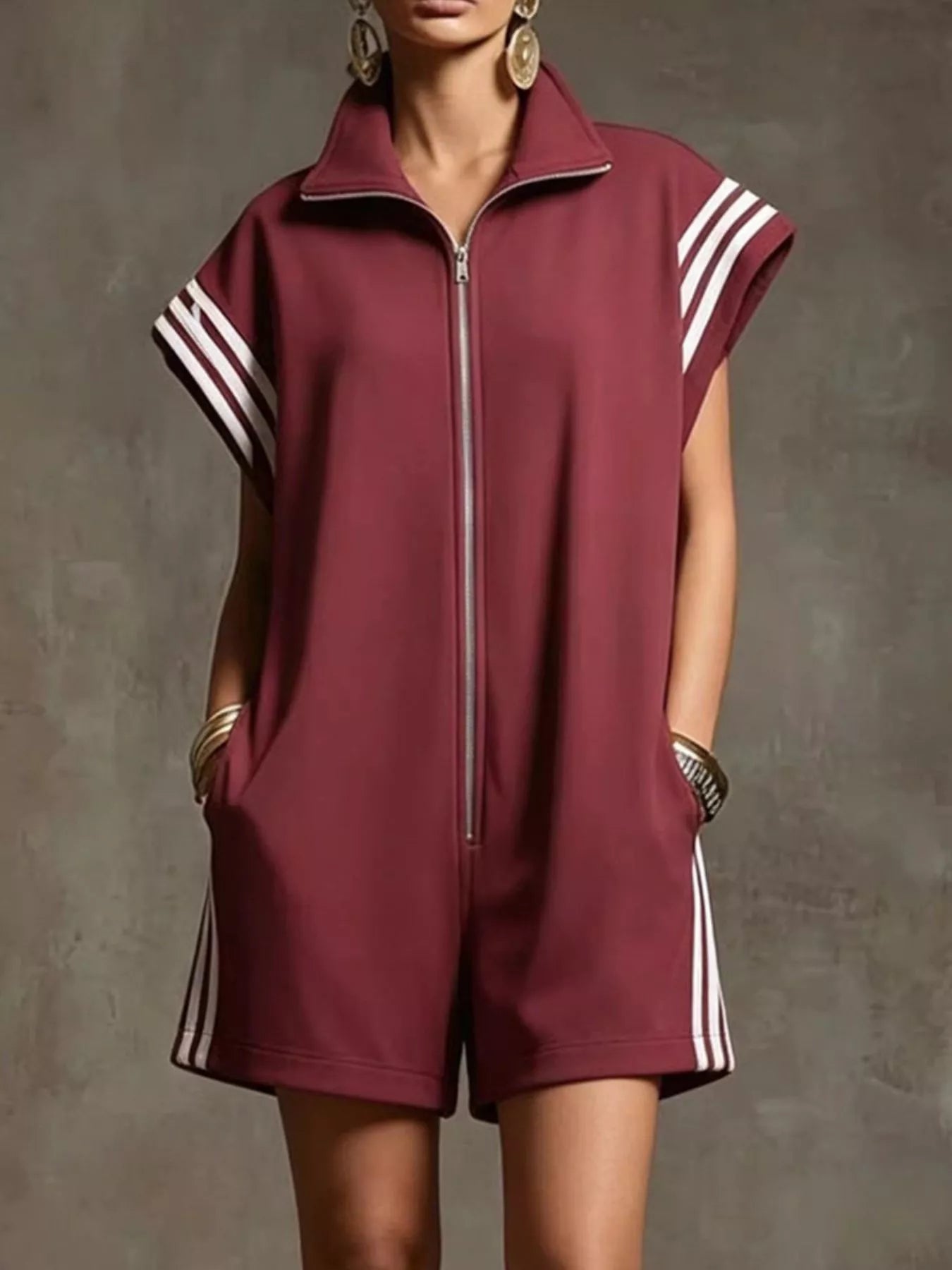 Striped Zip Front Short Sleeve Romper