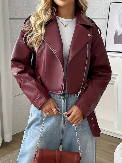 Belted faux leather zip-up jacket, view 5