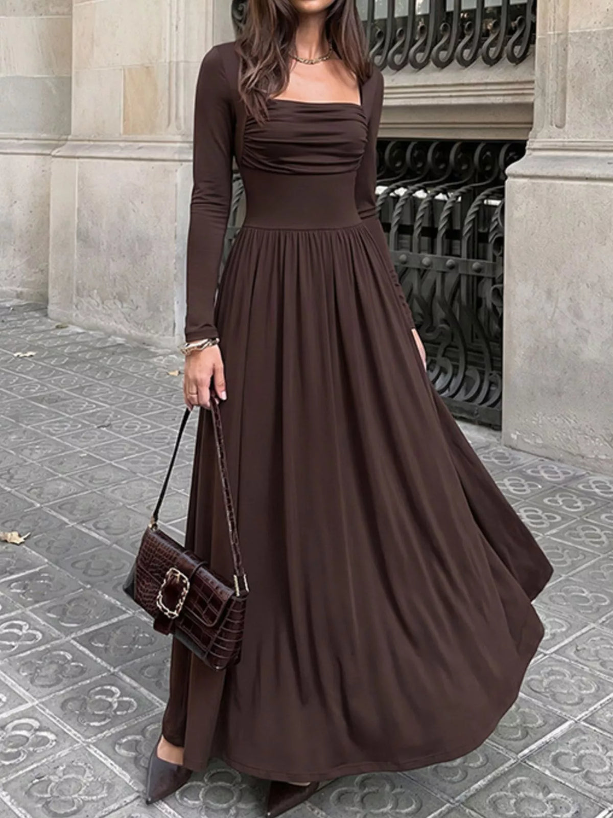 Ruched Square Neck Maxi Dress