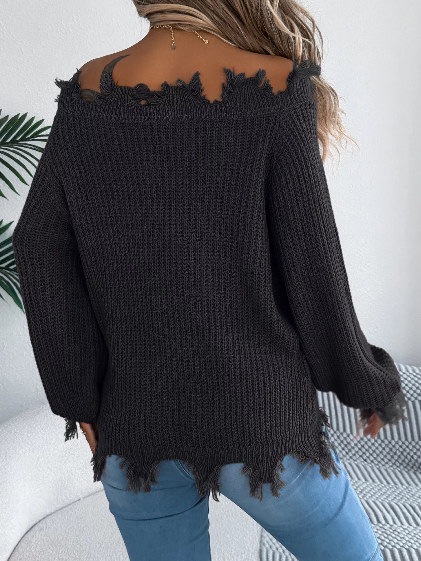 Distressed Off-Shoulder Sweater
