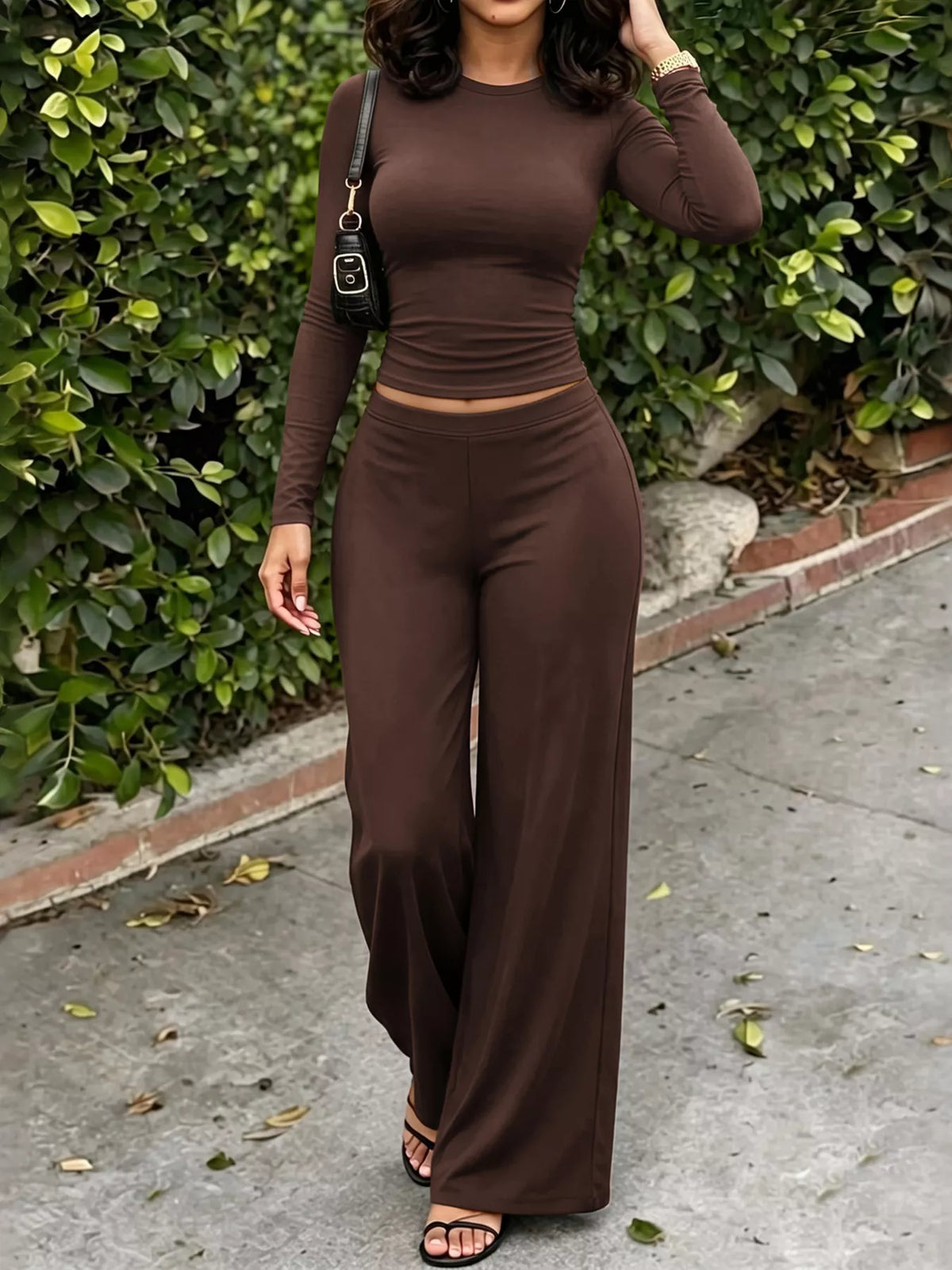 Brown crop top and wide-leg pants set, view 4