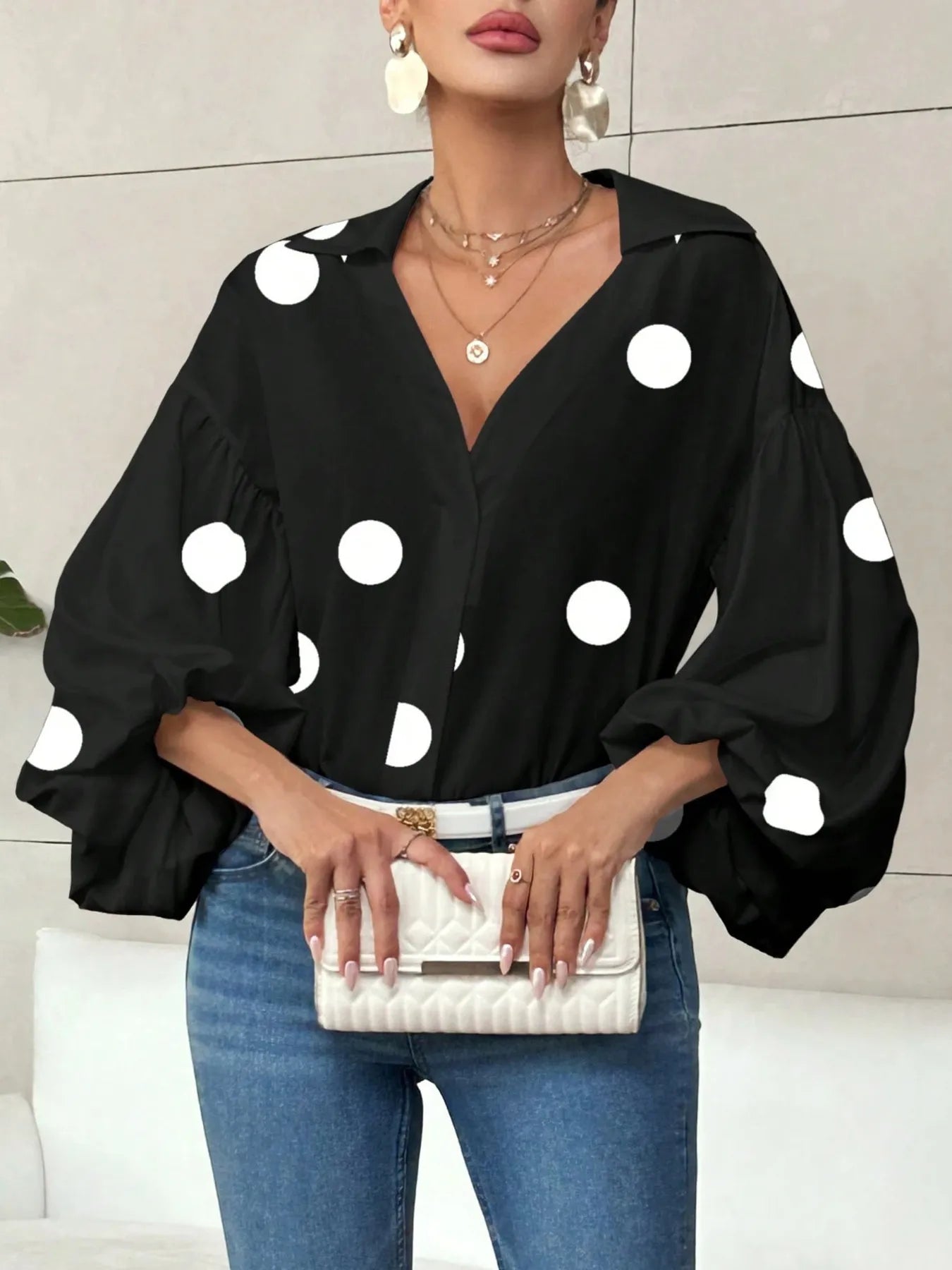 Polka Dot Balloon Sleeve Blouse