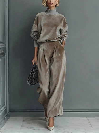 Plus size velvet mock neck set with wide-leg pants