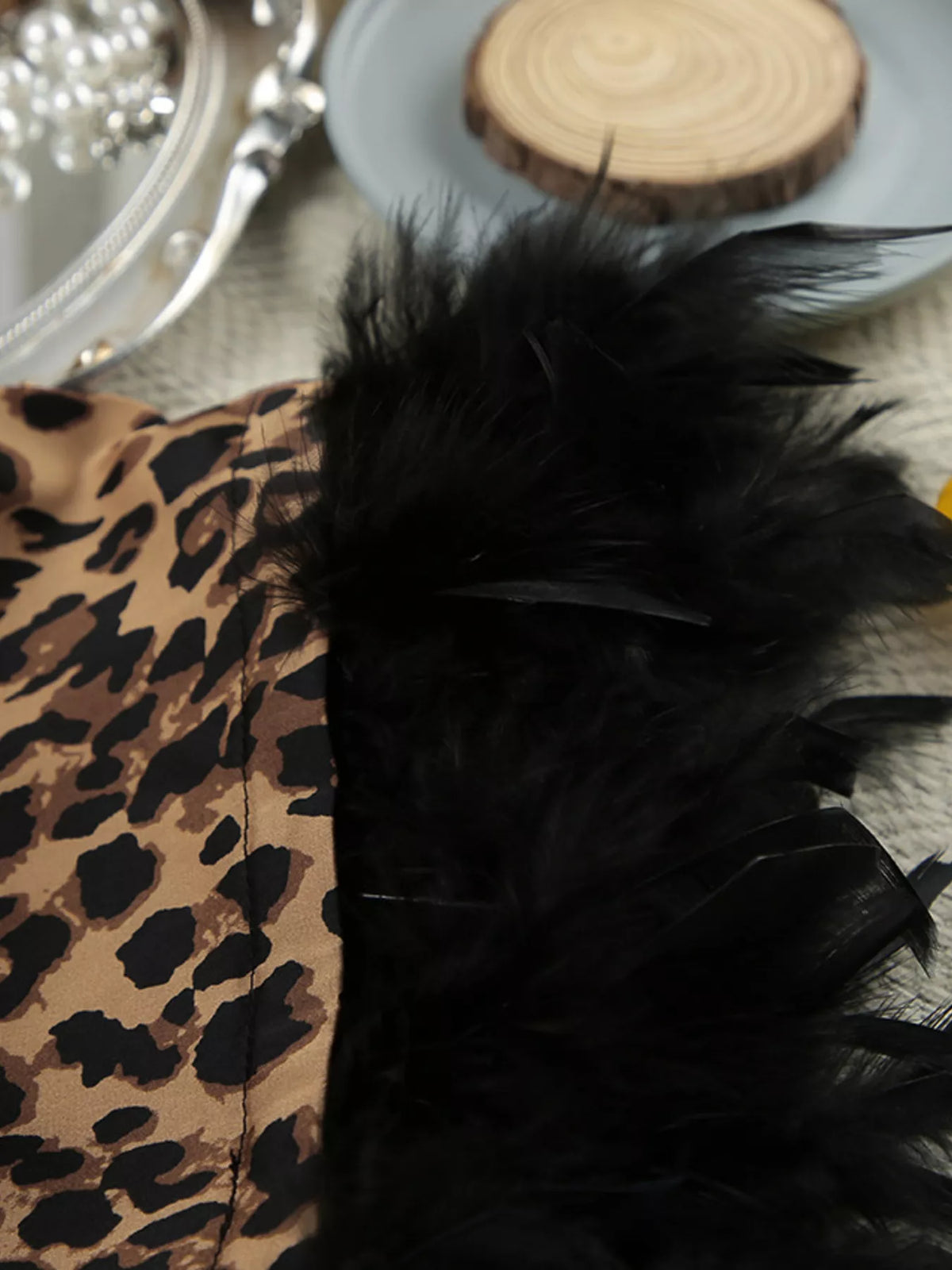 Leopard Print Feather-Trimmed Lounge Nightgown Robe