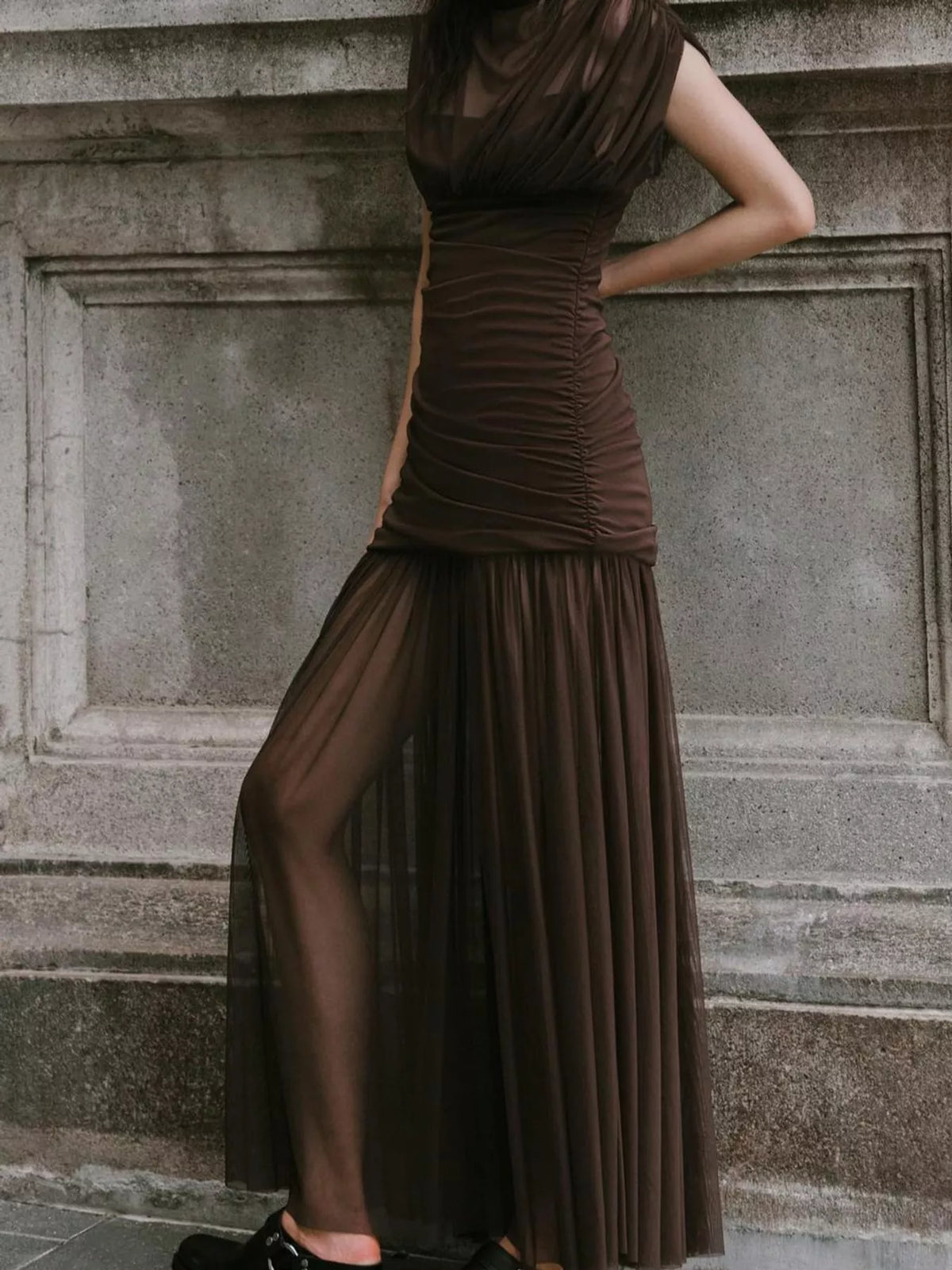 Mock neck ruched maxi dress, view 5