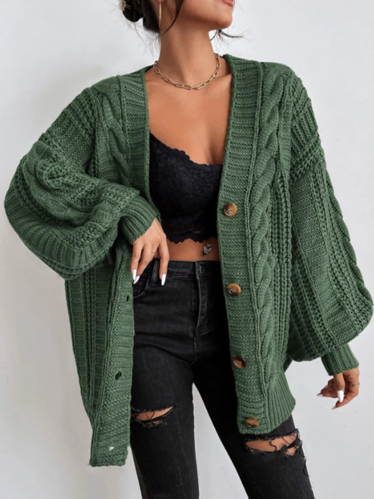 Cable Knit V-Neck Button-Down Cardigan