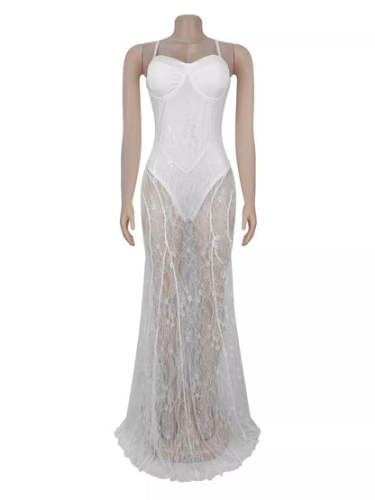 Sweetheart Neck Sheer Lace Maxi Dress