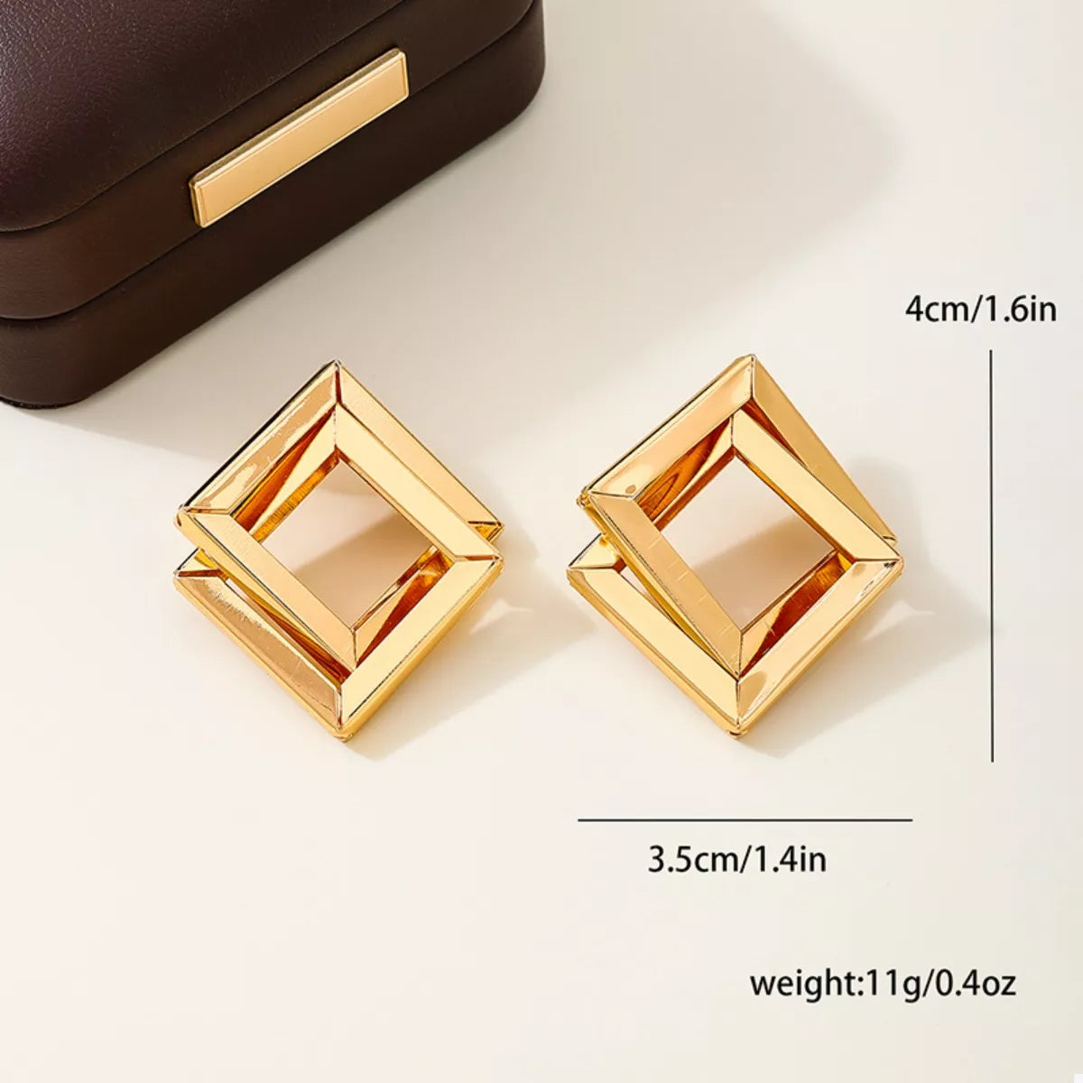 Double square gold stud earrings, view 5