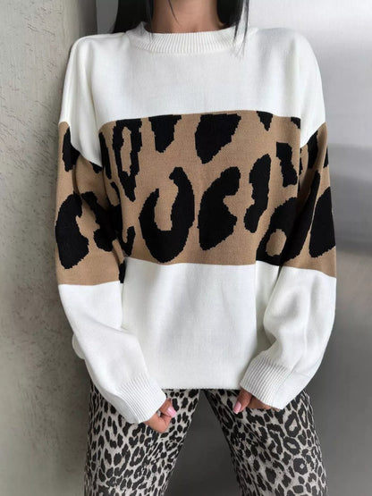 Leopard Color Block Round Neck Sweater