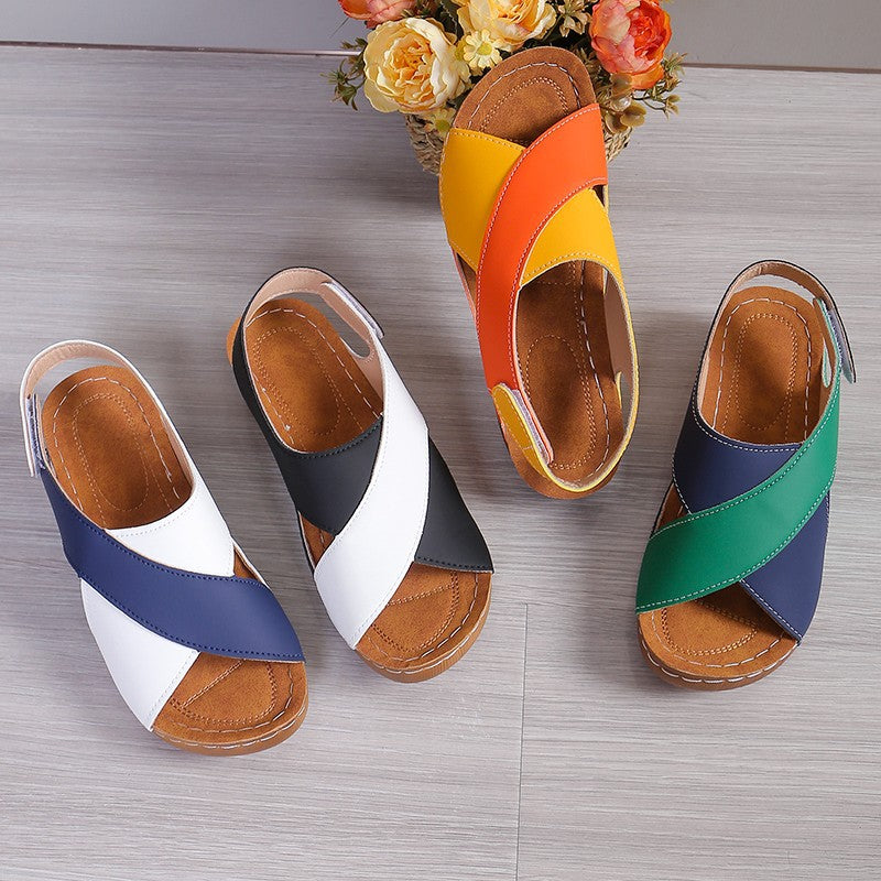 Two-tone crisscross wedge sandals with mid heel