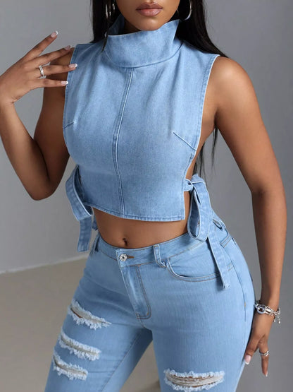 Sleeveless Cropped Denim Turtleneck