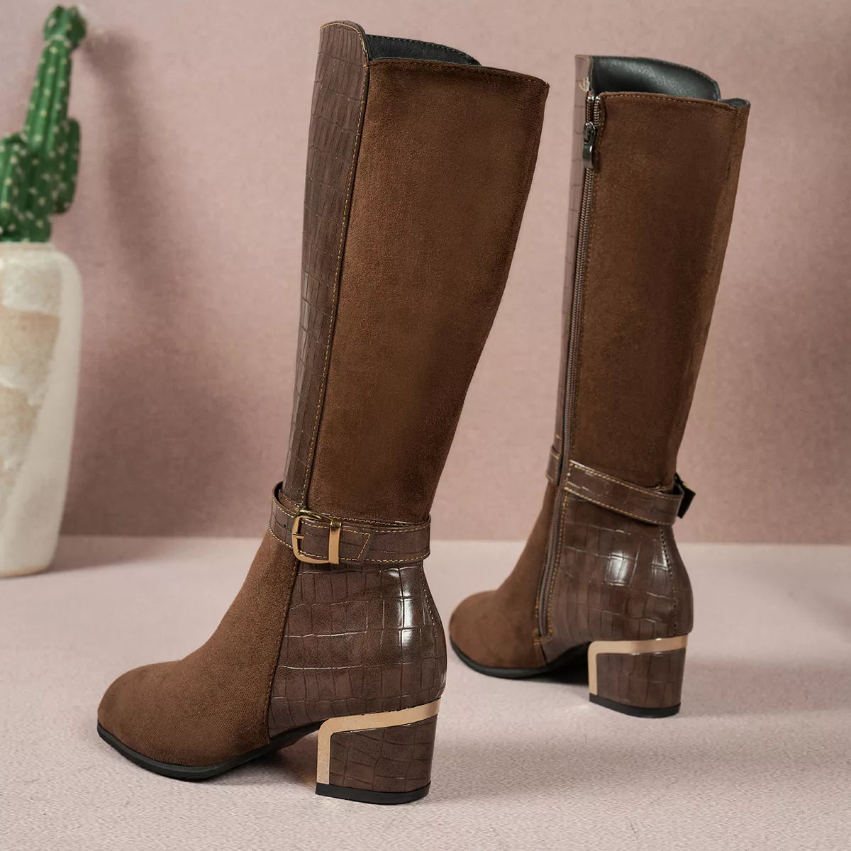 Crocodile Texture Knee-High Boots