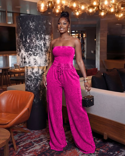 Washed strapless jumpsuit wide leg pants