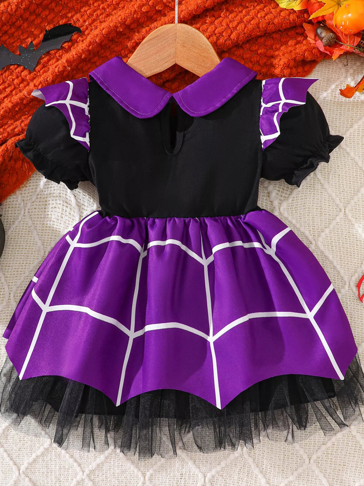 Children's Halloween Spiderweb Print Peter Pan Collar Dress