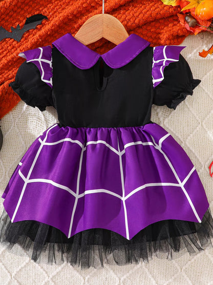 Children's Halloween Spiderweb Print Peter Pan Collar Dress