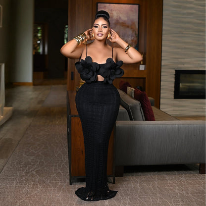 Lace chest flower backless suspender dress