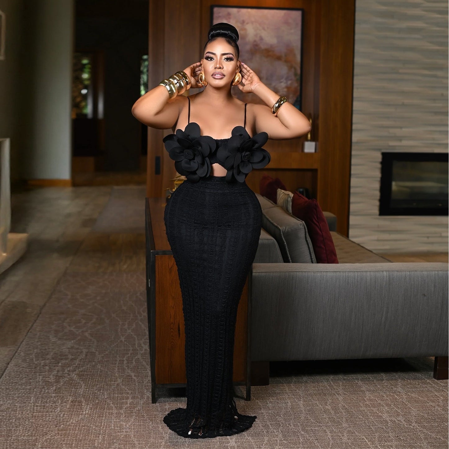 Lace chest flower backless suspender dress