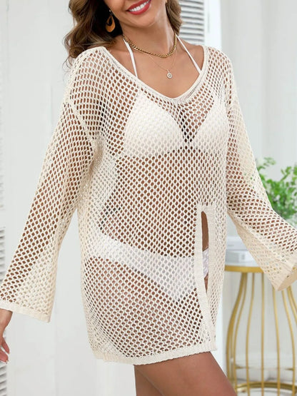 Openwork V-Neck Slit Beach Cover-Up in White, Black or Beige