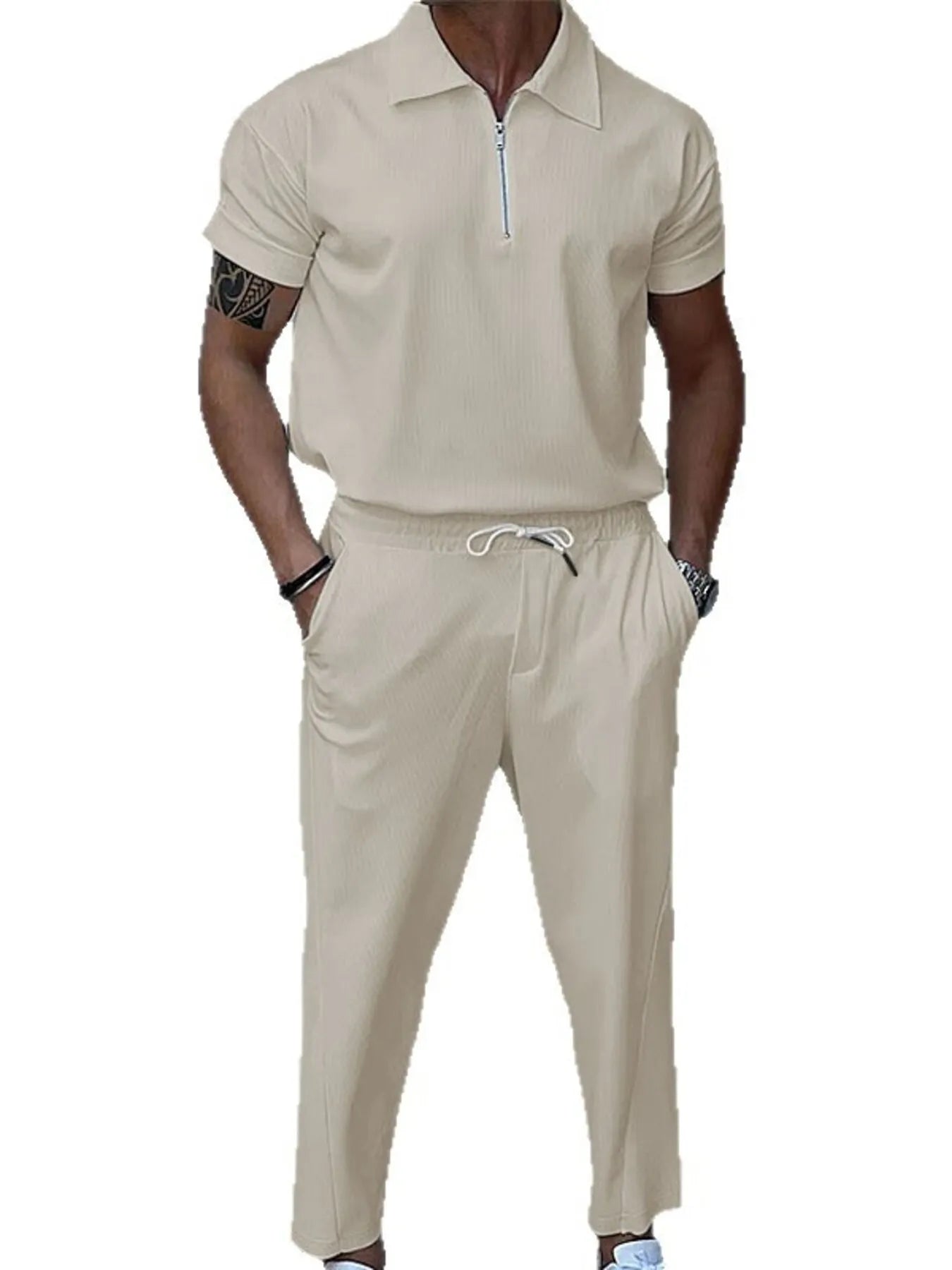 Men's Quarter Zip Short Sleeve Polo and Pants Set