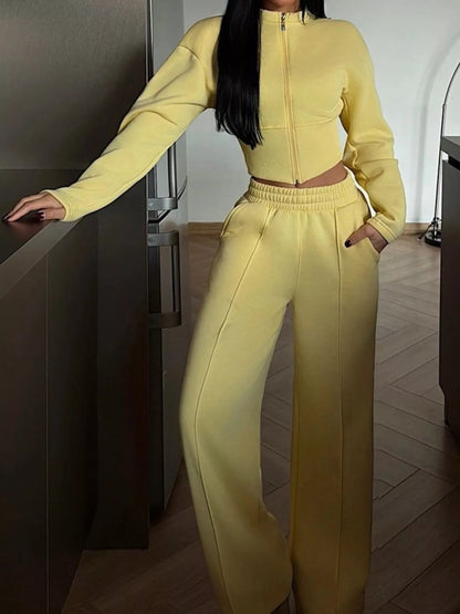 Zip-Up Crop Jacket and Wide-Leg Pants Set