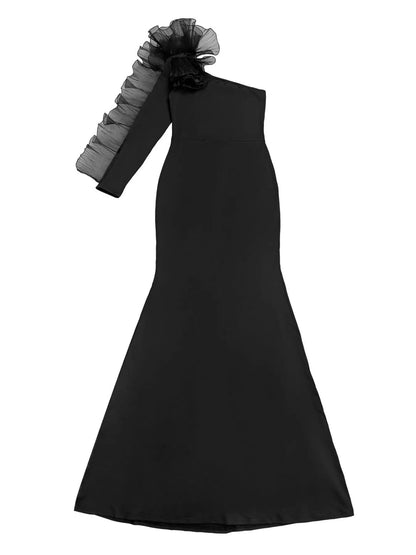 One-Shoulder Ruffled Mermaid Evening Maxi Dress