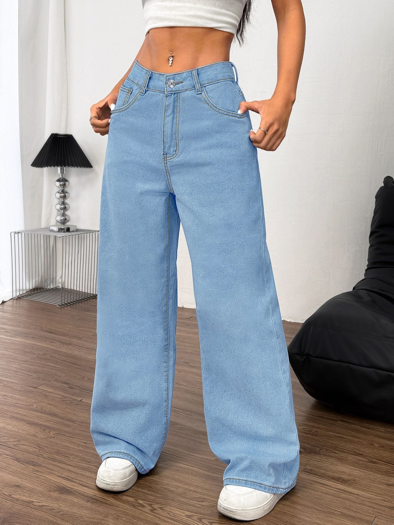 Embroidered Bow Back Wide Leg Jeans