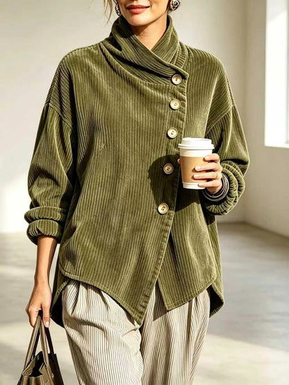 Women's asymmetric button-up corduroy jacket in moss