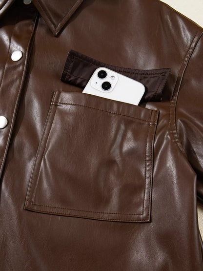 Double Flap Pocket Drawstring Hem Leather Jacket