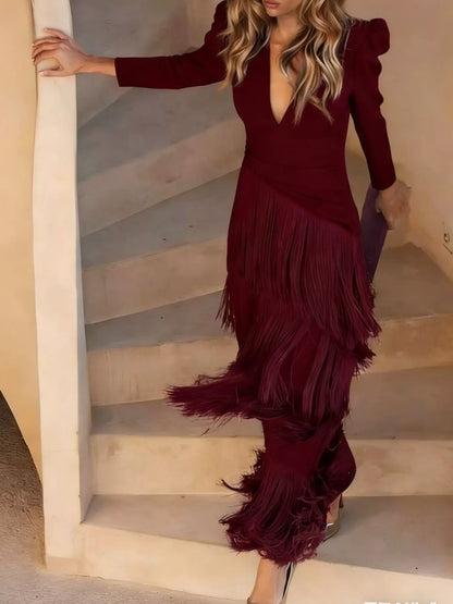 Fringed V-neck puff sleeve dress, view 21