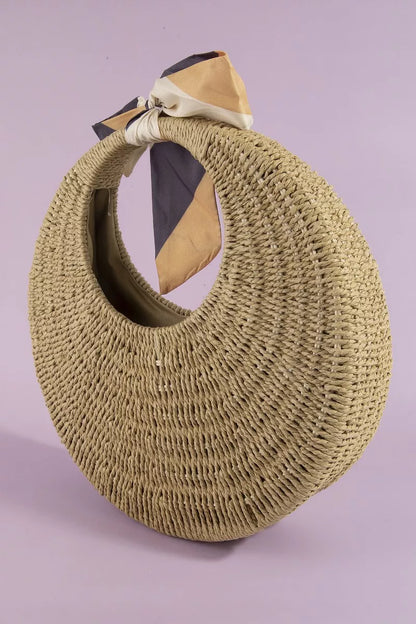 Fame Round Woven Straw Bag With Bow Scarf Accent